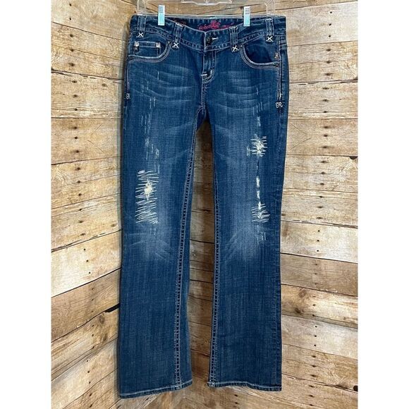 Rock & Roll Cowgirl Denim - ROCK AND ROLL COWGIRL LOW RISE DISTRESSED BOOTCUT WESTERN BLING RODEO JEANS